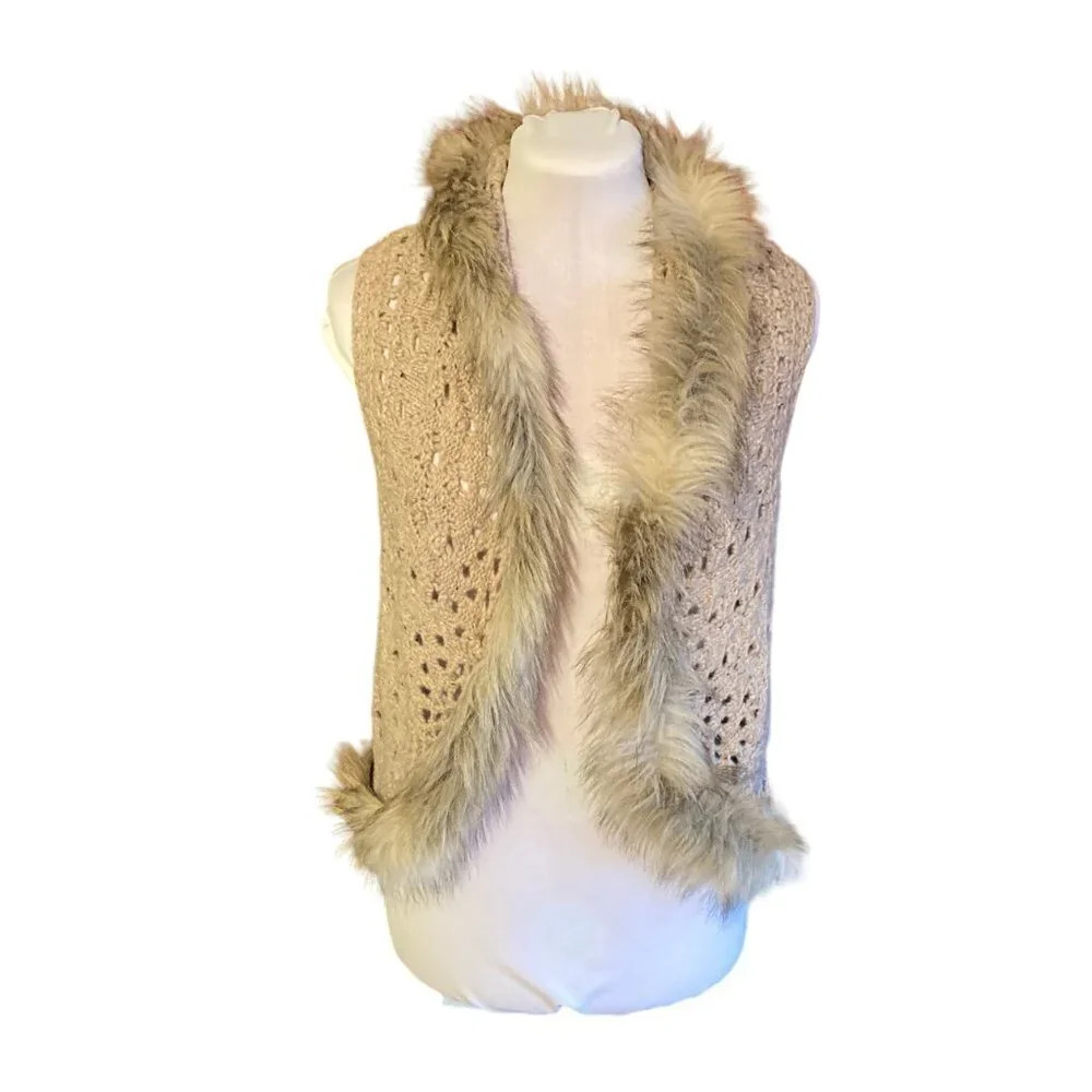 International Concepts Petite Small, Crocheted Vest Wool Blend Faux Fur Trim